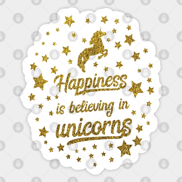 Happiness is believing in unicorns gold glitter Christmas Unicorn Design Sticker by sarahwainwright